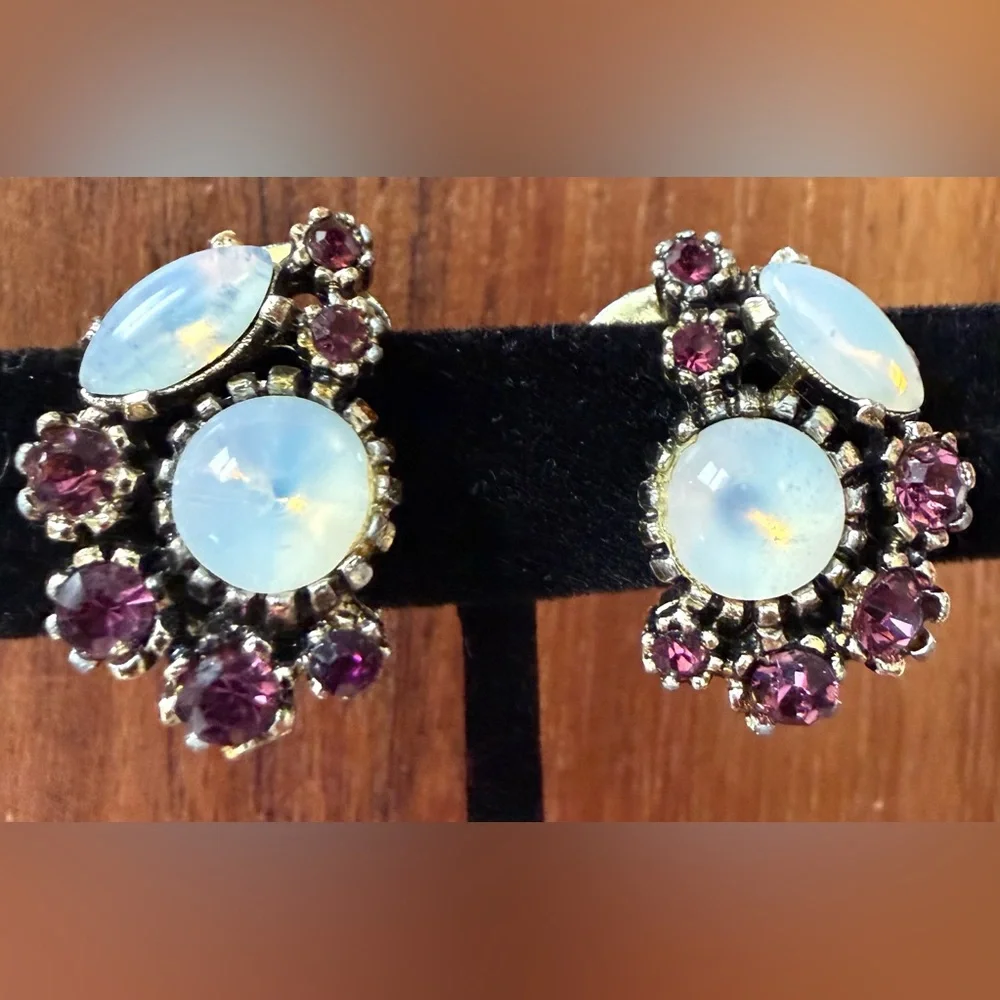 VTG West Germany Gripoix Opalite Purple Rhinestone Brooch Pin Clip on Earrings